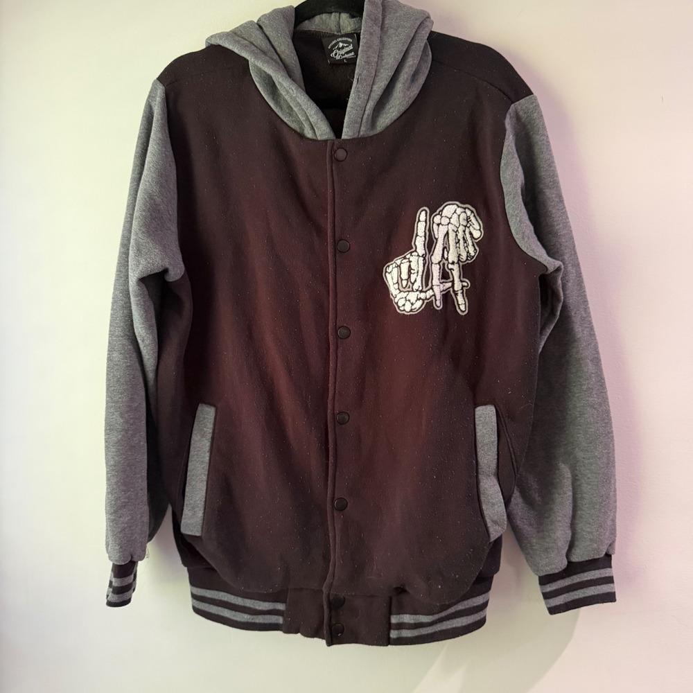 Original Deluxe Varsity Jacket Mens L Black Grey Good LA Skeleton Hoodie
